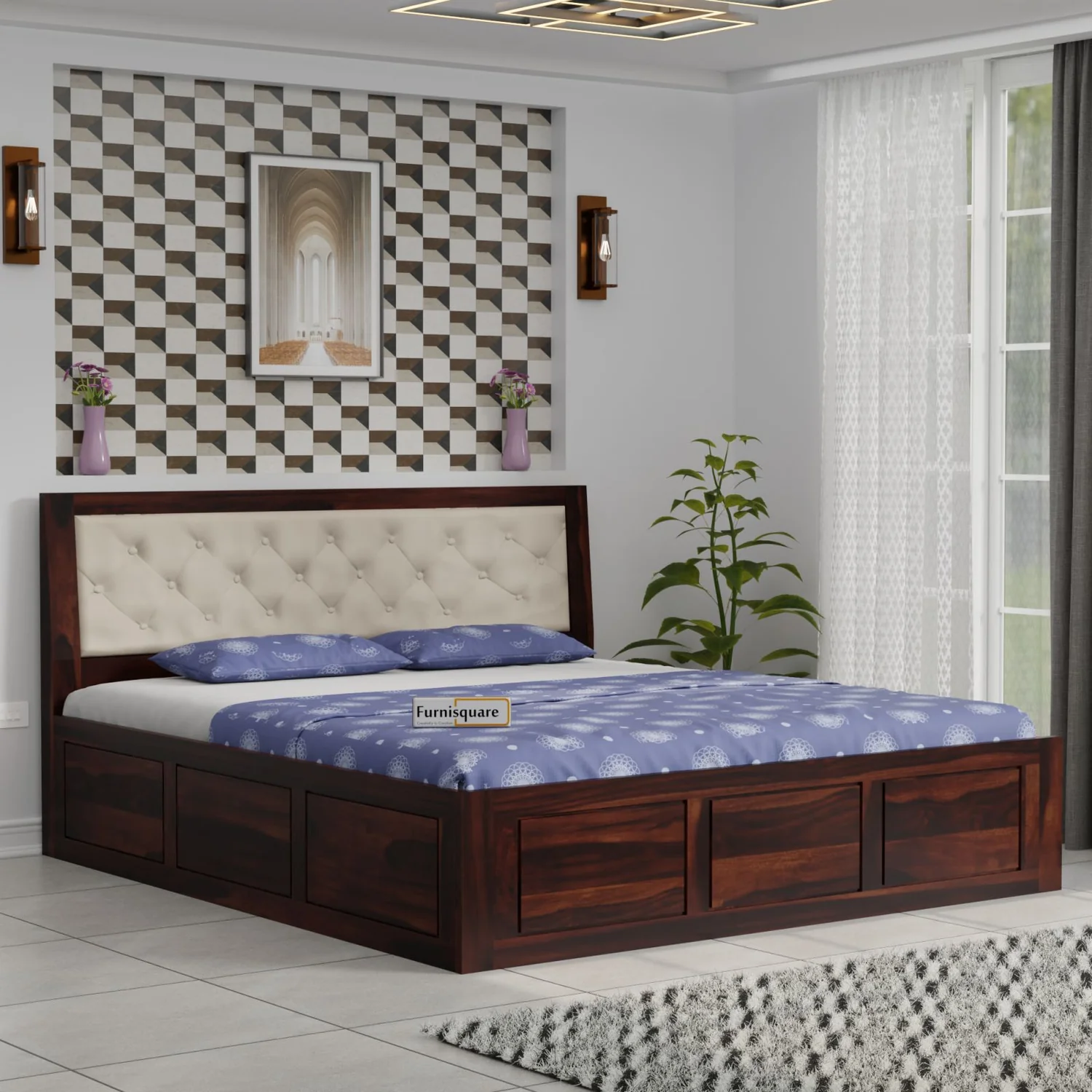 Solid Wood King Size Bed with Storage for Bedroom