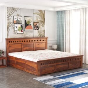 Wooden King Size Bed with Storage | Double Bed Cot Bed with Box Storage for Bedroom & Hotel | Sheesham Wood | Natural Teak Finish | Recommended Mattress Size: 78X72